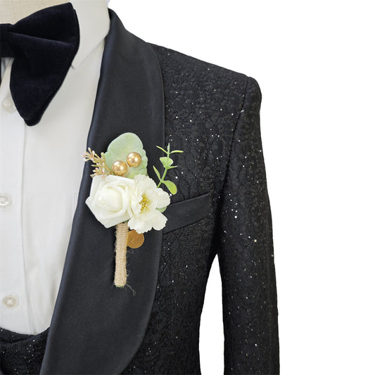 Ensemble de costume noir brillant pour homme, 3 pièces, costumes de mariage en dentelle pour garçons d'honneur