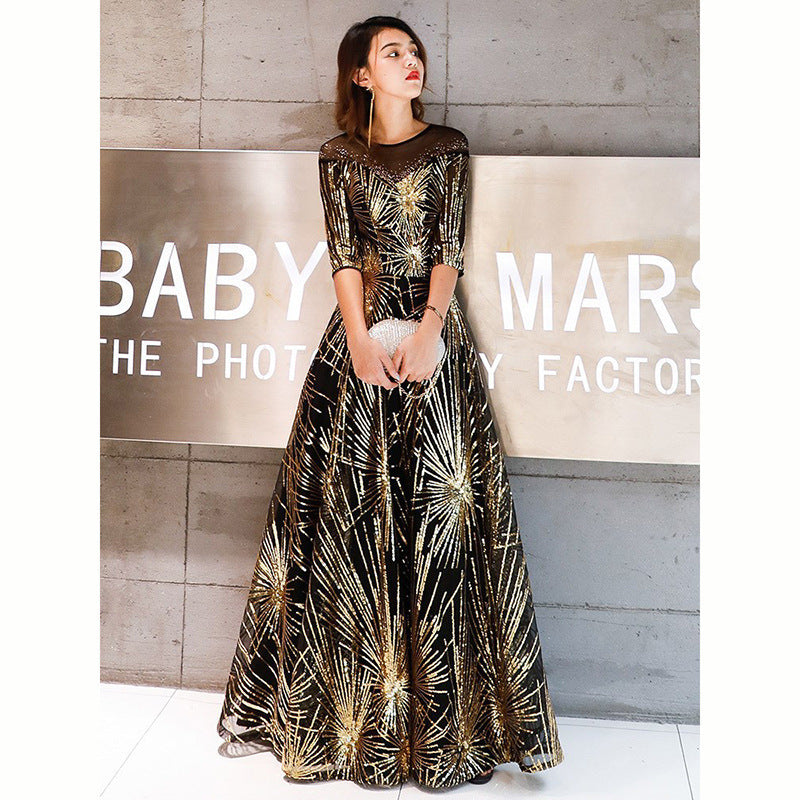 Robe De Soiree Evening Dress Gold Sequined Crystal