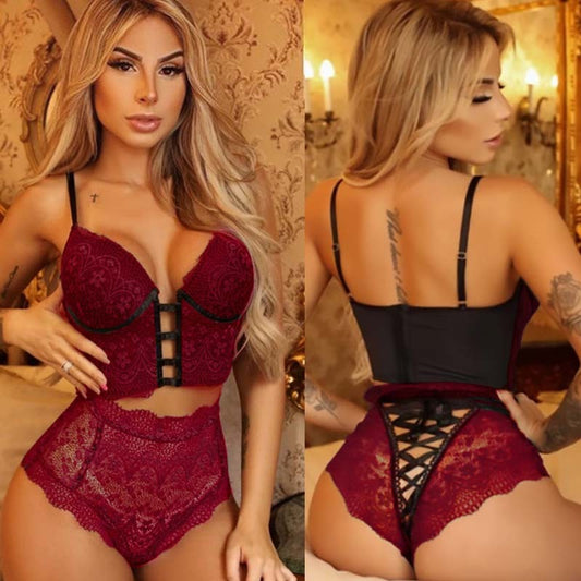 Body deux pièces en dentelle avec culotte et bretelles