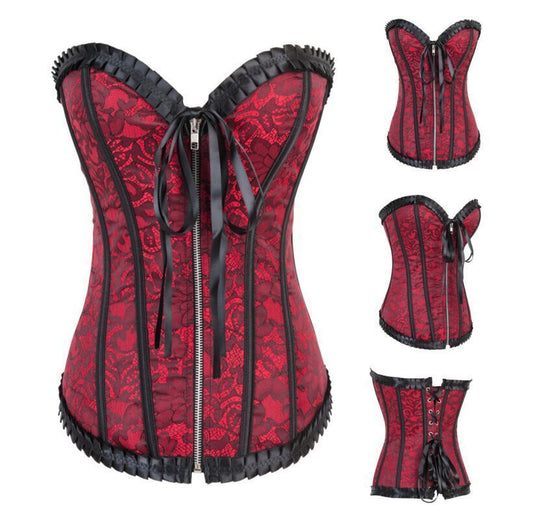 Corset à fermeture éclair brodé de feuilles de lotus