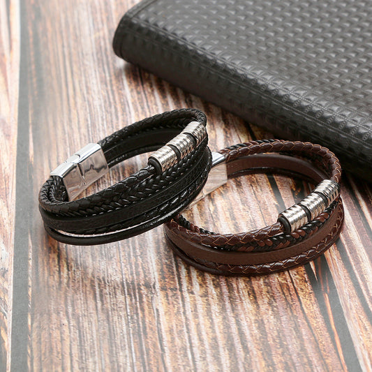 Bracelet en acier inoxydable à boucle magnétique en cuir pour homme