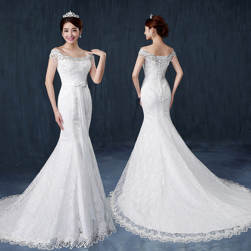Robe de mariée queue de poisson, robe de mariée à un mot, épaule mince, amincissante, petite robe de mariée traînante en studio