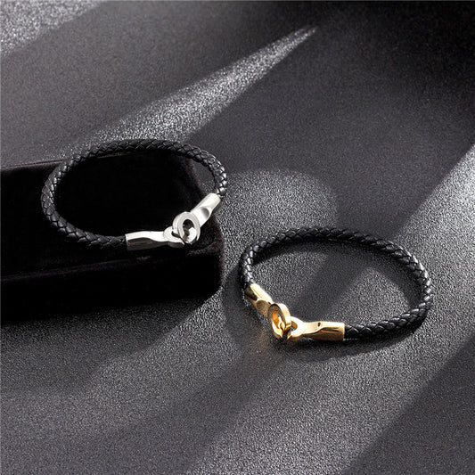 Bracelet en cuir tressé boucle simple en acier inoxydable pour homme