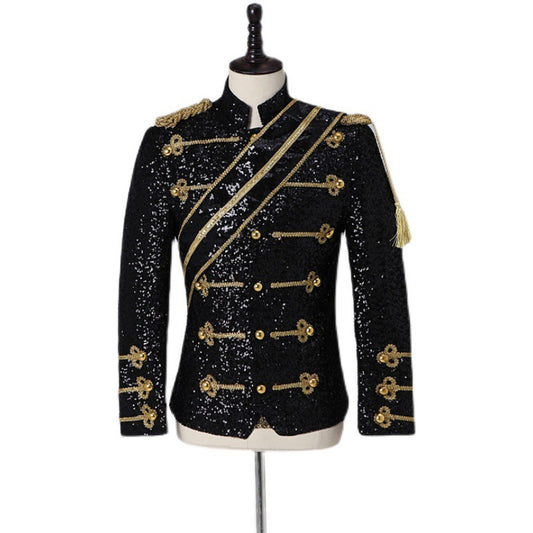 Costume de chanteur de rock pour hommes, col montant, paillettes, pour banquet