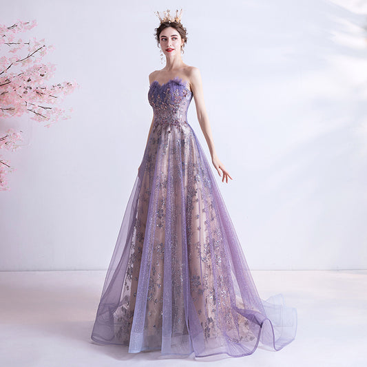 Robe de mariée bustier à paillettes violettes étoilées