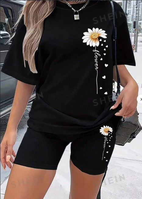 Ensemble d'été short et t-shirt ample imprimé de fleurs pour femmes