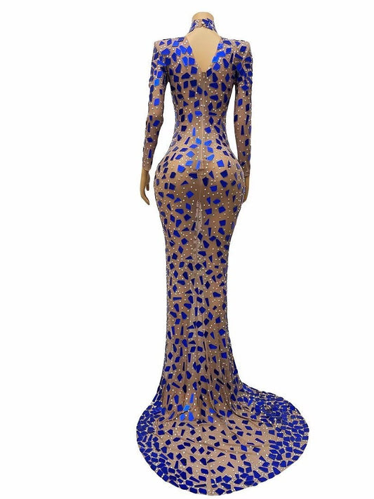 Robe de soirée de performance sexy élégant col roulé robe bleue à lentilles robe de banquet