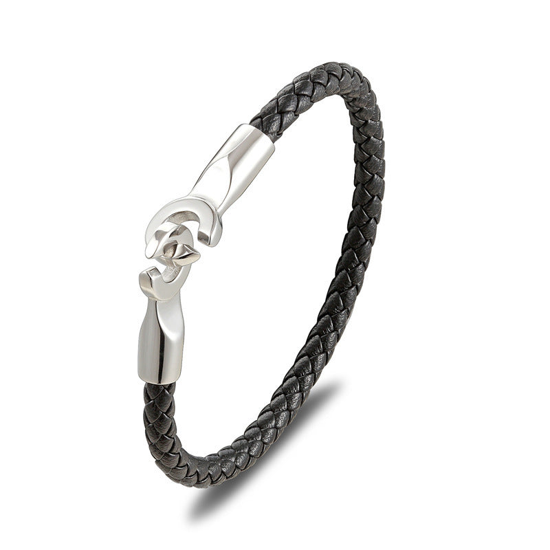 Bracelet en cuir tressé boucle simple en acier inoxydable pour homme