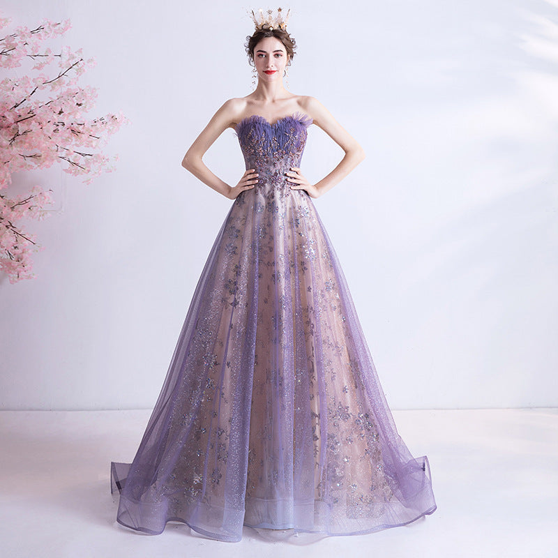 Robe de mariée bustier à paillettes violettes étoilées