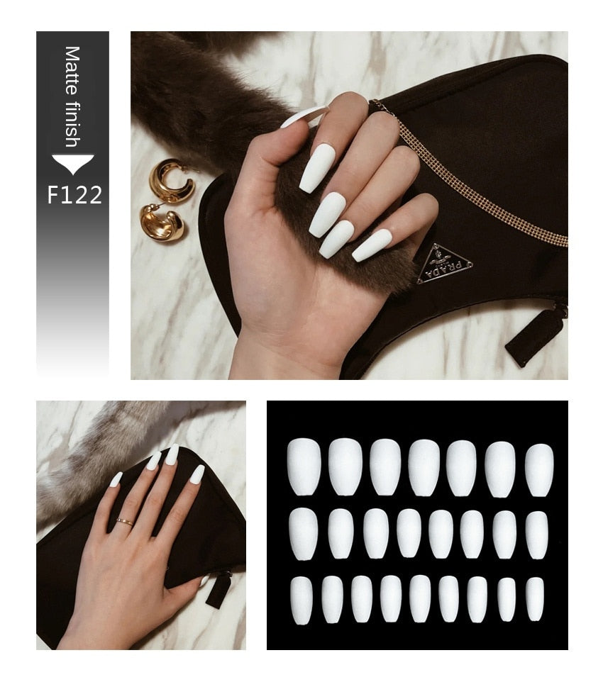 Faux ongles – Stiletto longs, transparents, mat, complets, avec colle