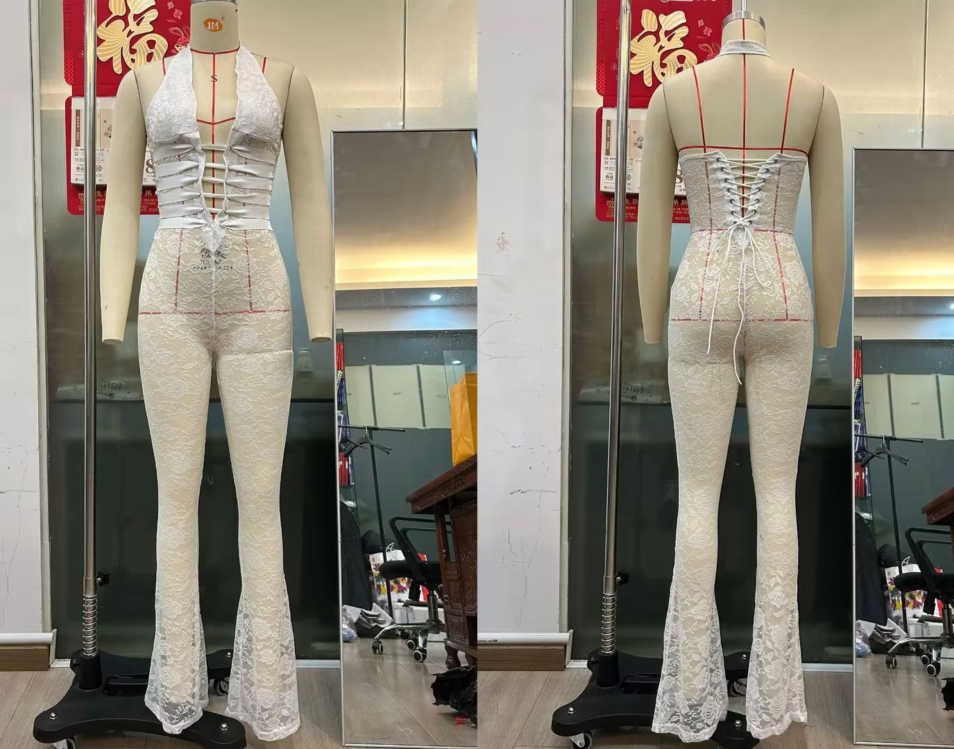 Combinaison slim dos nu en dentelle pour femmes avec corde en crosse