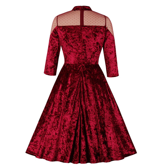 Tonval-robe en velours Vintage, montant en contraste, maille transparente, bordeaux, robe femme en velours, soirée de soirée élégante, automne hiver