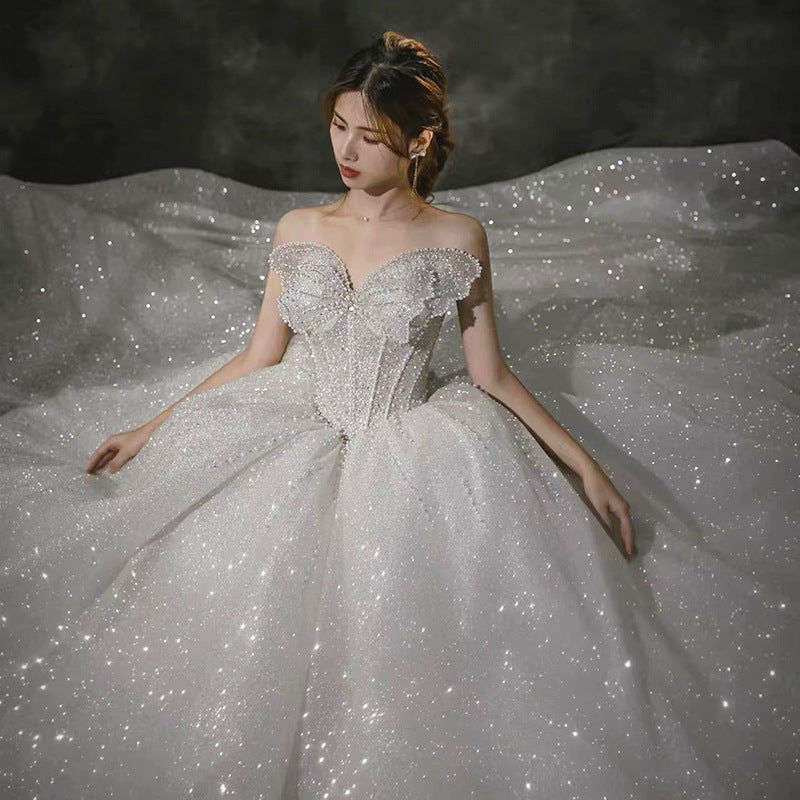 Robe de mariée tube française, robe de mariée principale à grande queue pour la mère