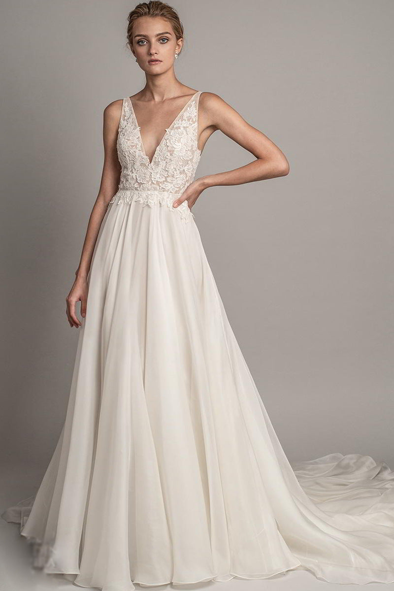 Robe longue en dentelle à col en V profond pour femme, robe de mariée simple en pelouse