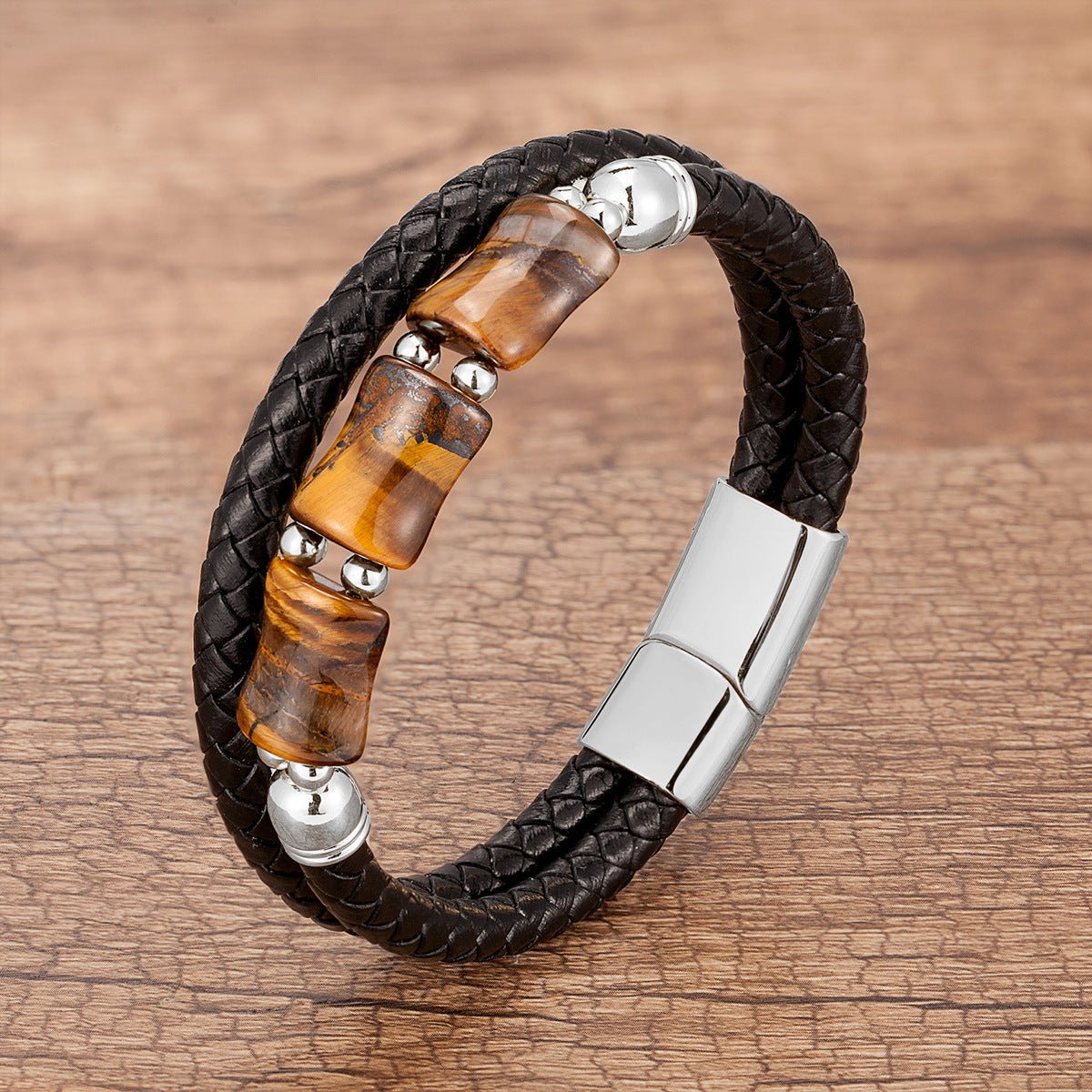Nouveau Bracelet tressé en cuir avec pierres en bambou et œil de tigre