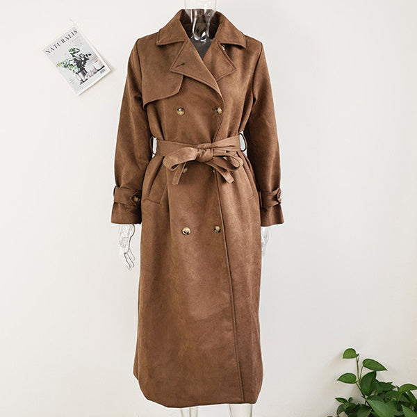 Manteau d'hiver à revers long double boutonnage avec ceinture pour femme