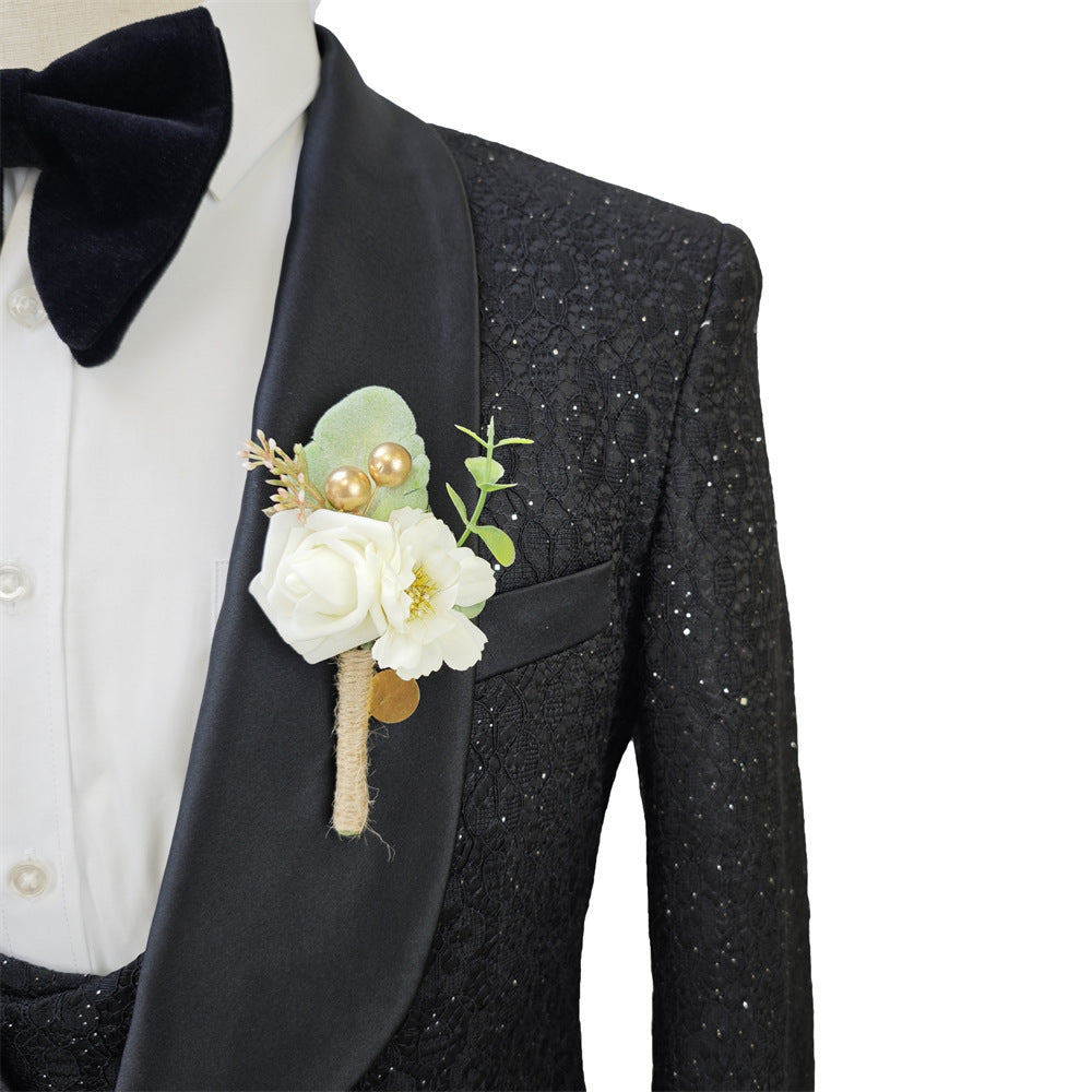 Ensemble de costume noir brillant pour homme, 3 pièces, costumes de mariage en dentelle pour garçons d'honneur