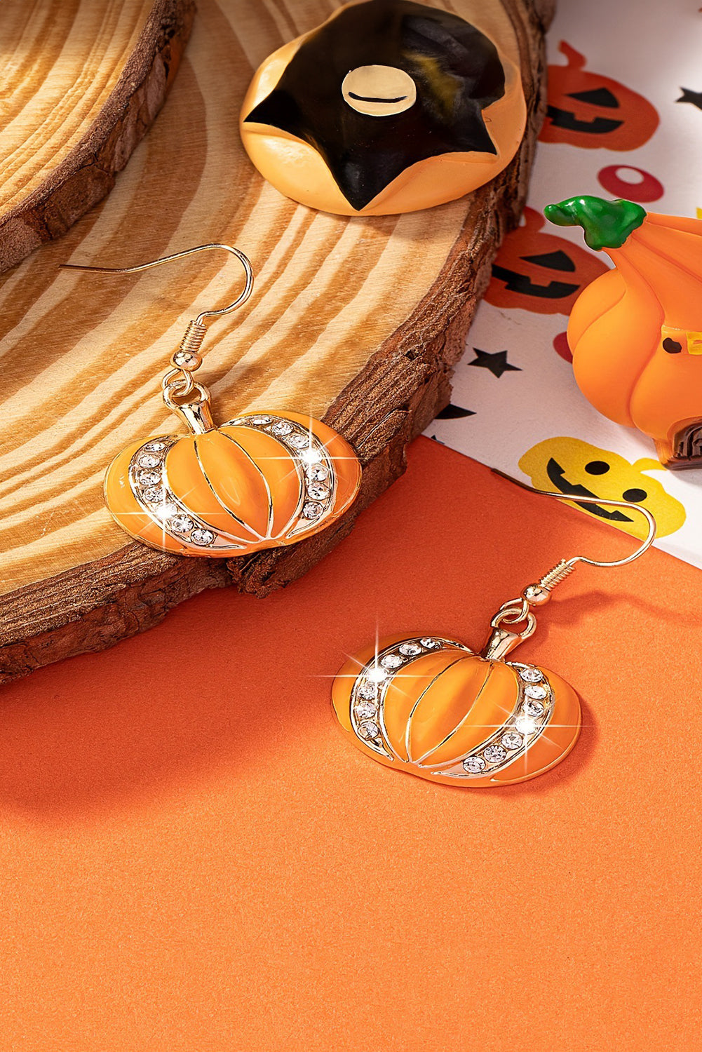 Boucles d'oreilles à crochets en strass citrouille Halloween orange