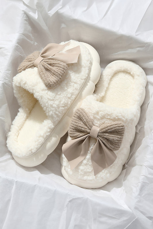 Chaussons d'hiver en peluche à nœud contrasté blanc