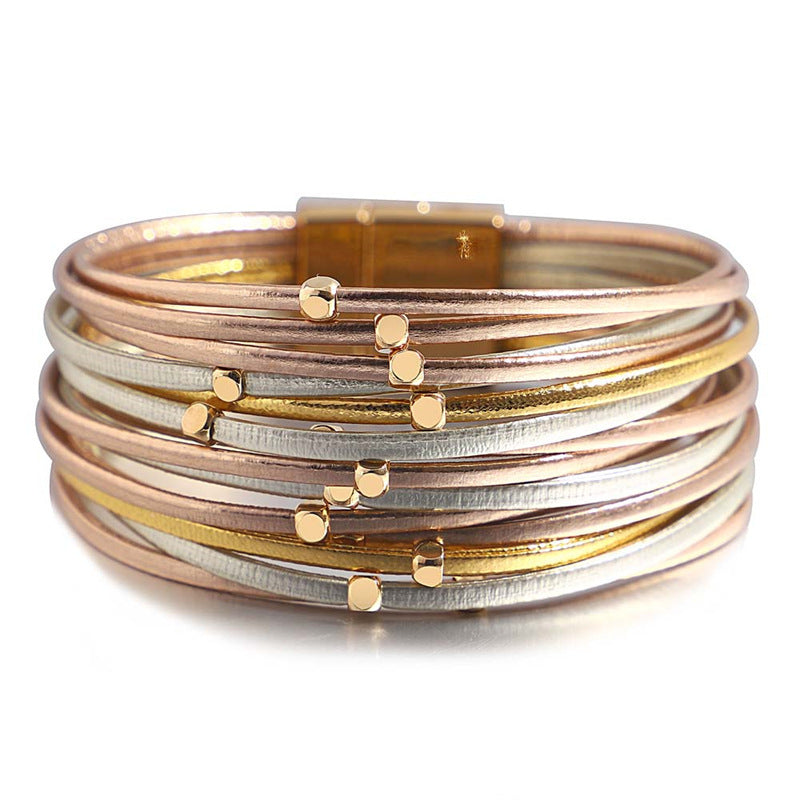 Bracelet vintage en cuir souple avec perles pour femme