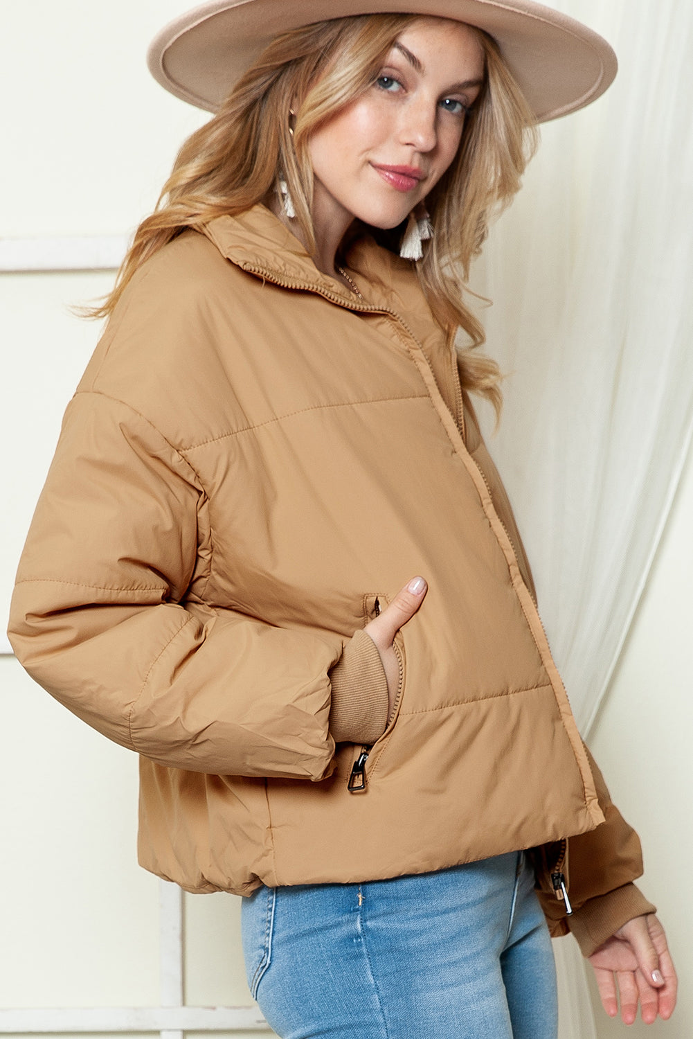 Manteau bouffant zippé à poches, solide, marron