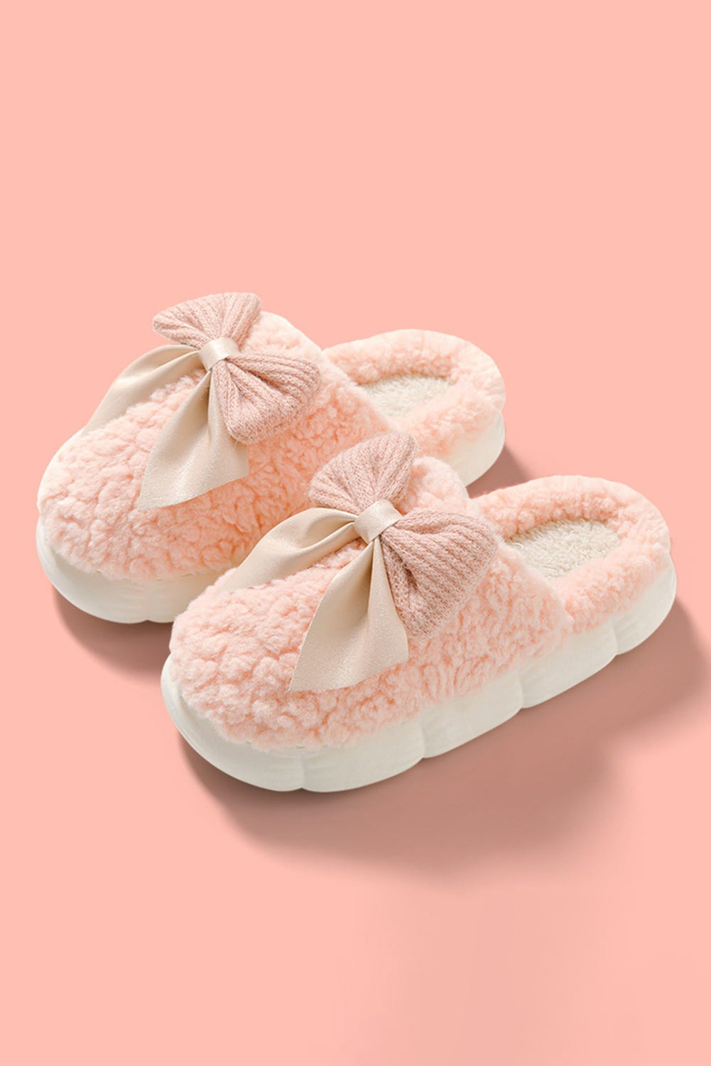 Chaussons d'hiver en peluche à nœud contrasté blanc