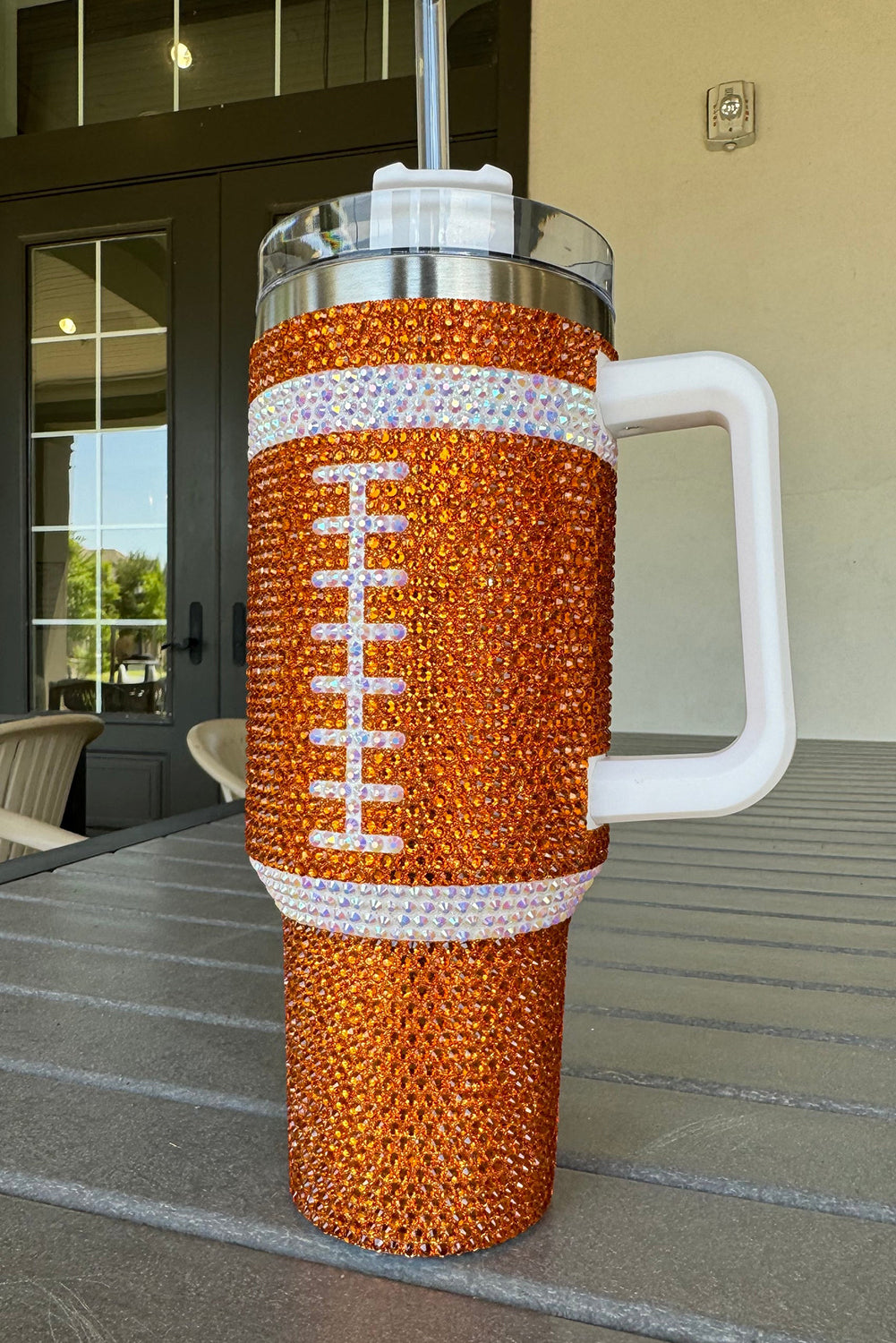 Tasse à vide Orange 40oz Rhinestone Rugby Football Handle Vacuum Cup