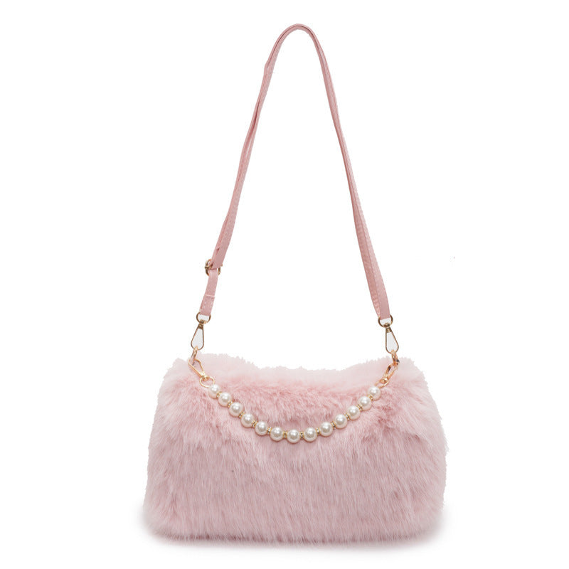 Sac à bandoulière avec chaîne et perles, en peluche  pour femme, mode automne et hiver