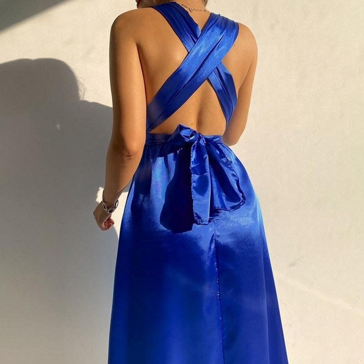 Robe soirée portefeuille à manches longues et col moulant pour femme