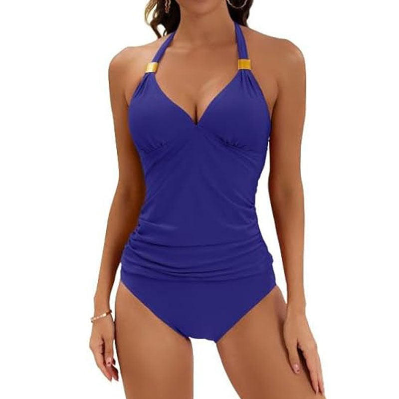 Maillot de bain deux pièces de couleur pure, dos nu, fendu et noué, pour femmes