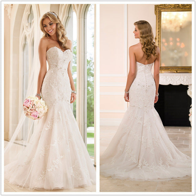 Robe de mariée traînante, haut tube, robe de mariée en dentelle