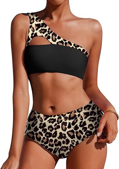 Bikini Taille Haute – Épaule Unique, Réversible & Imprimé Végétal