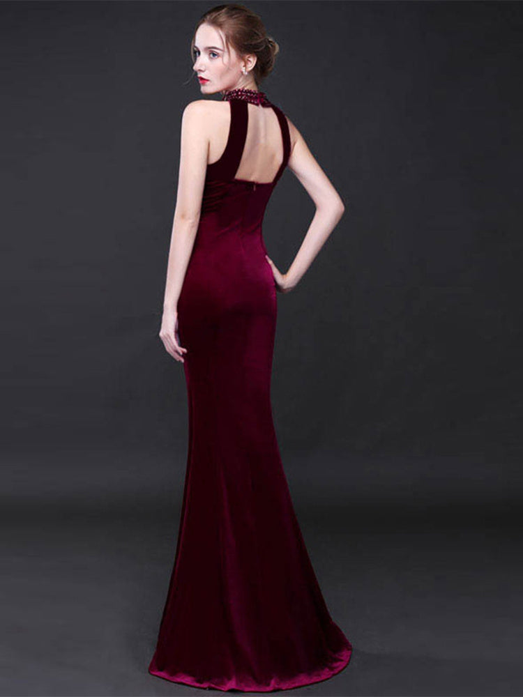 Robe de soirée vintage élégante en velours, sexy, dos nu, sans manches, style sirène, longueur au sol, robe de soirée, col licou, robe de bal