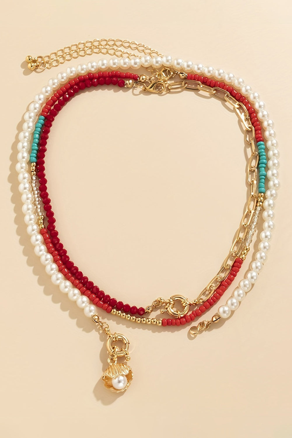 Collier de perles avec pendentif en forme de coquillage rouge flamboyant, réglable et superposé