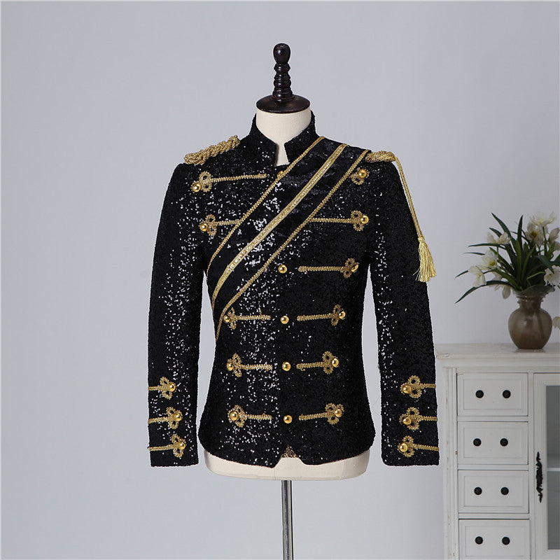 Costume de chanteur de rock pour hommes, col montant, paillettes, pour banquet
