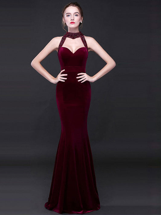 Robe de soirée vintage élégante en velours, sexy, dos nu, sans manches, style sirène, longueur au sol, robe de soirée, col licou, robe de bal