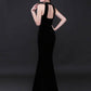 Robe de soirée vintage élégante en velours, sexy, dos nu, sans manches, style sirène, longueur au sol, robe de soirée, col licou, robe de bal