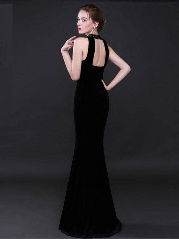 Robe de soirée vintage élégante en velours, sexy, dos nu, sans manches, style sirène, longueur au sol, robe de soirée, col licou, robe de bal