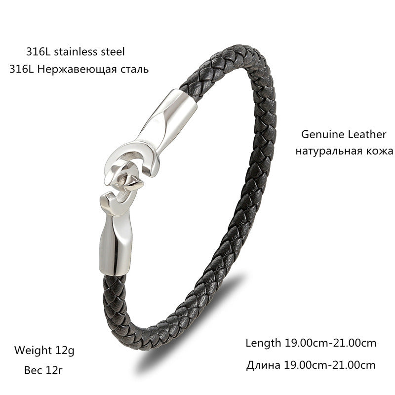 Bracelet en cuir tressé boucle simple en acier inoxydable pour homme