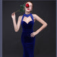 Robe de soirée vintage élégante en velours, sexy, dos nu, sans manches, style sirène, longueur au sol, robe de soirée, col licou, robe de bal