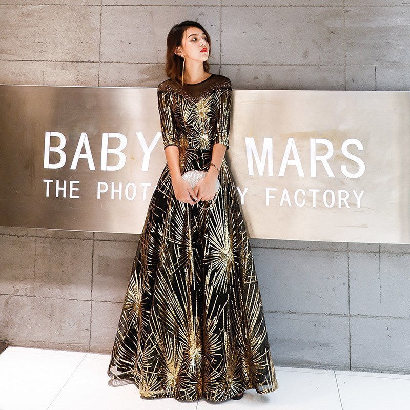 Robe De Soiree Evening Dress Gold Sequined Crystal