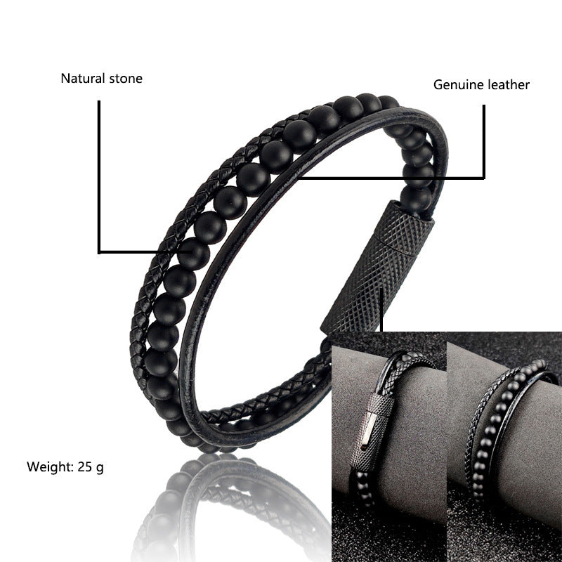 Bracelet en acier inoxydable perlé en cuir noir pour homme