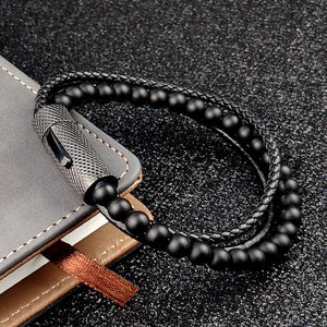 Bracelet en acier inoxydable perlé en cuir noir pour homme