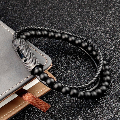 Bracelet en acier inoxydable perlé en cuir noir pour homme