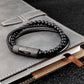 Bracelet en acier inoxydable perlé en cuir noir pour homme