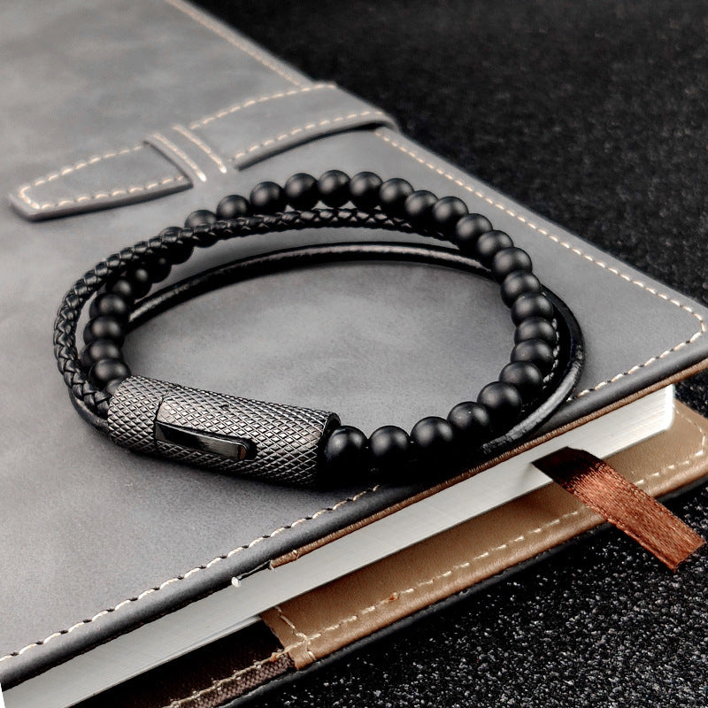 Bracelet en acier inoxydable perlé en cuir noir pour homme