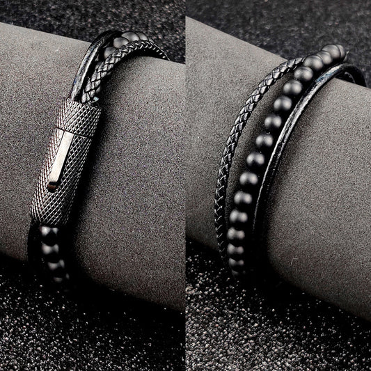 Bracelet en acier inoxydable perlé en cuir noir pour homme
