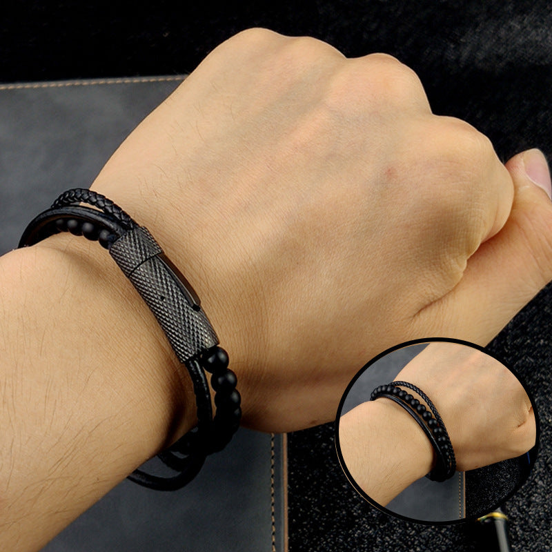 Bracelet en acier inoxydable perlé en cuir noir pour homme