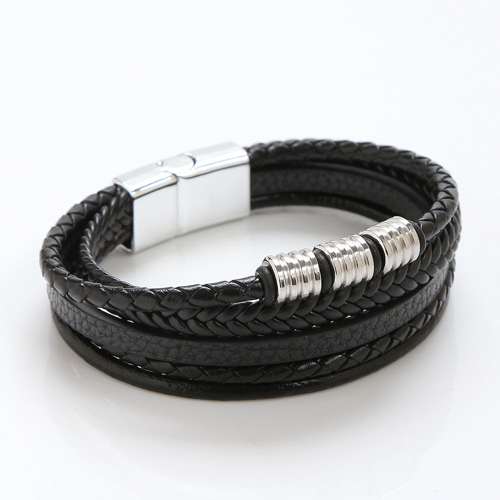 Bracelet en acier inoxydable à boucle magnétique en cuir pour homme