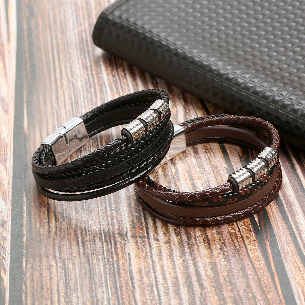 Bracelet en acier inoxydable à boucle magnétique en cuir pour homme